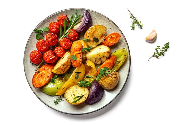 Overhead view of various roasted vegetables